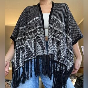 Xhilaration Black and White Patterned Shawl/Shrug/Poncho with Fringe Detailing